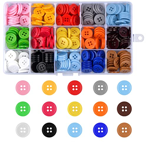 Natuce 300 Stück Bunte Knöpfe, Knöpfe zum Basteln Knöpfe Bunt, 15mm Knöpfe Harz Mit Aufbewahrungsbox, Farbige Knöpfe für Nähen Kinder DIY Handwerk Scrapbooking und Dekorieren, 15 Farben (4 Löcher)