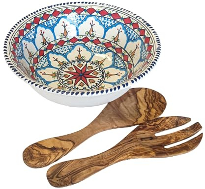 Your castle salladsskål och salladsbestick-set keramisk salladsskål (Ø 25 cm) med serveringsbestick (25 cm) av olivträ handarbete