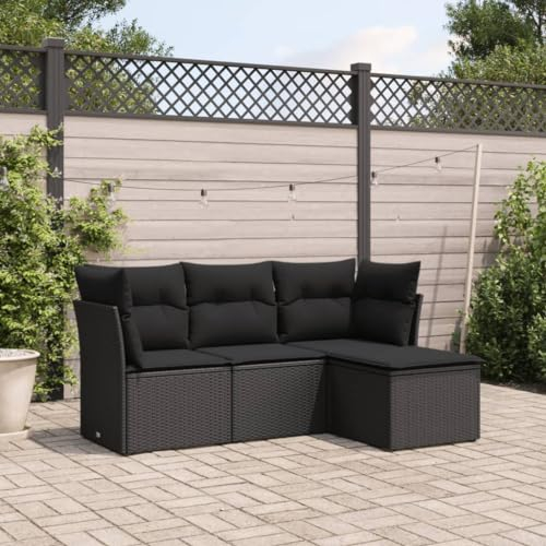 ULUYYUC Ensemble de 4 canapés de jardin, bancs rembourrés, pour cuisine, canapé-lit, groupe de bancs d'angle, convient pour jardin, balcon, extérieur, avec coussins, en polyrotin noir
