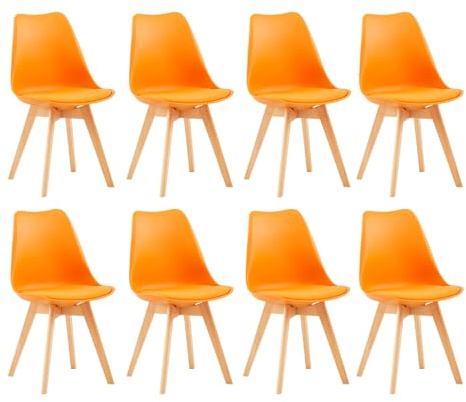 EGGREE Set med 8 Matstolar med Massivt Trä Bokben Sgs GodkäNd, Skandinavisk Design Stoppad Pu LäDer KöKsstol Matstolar, Orange