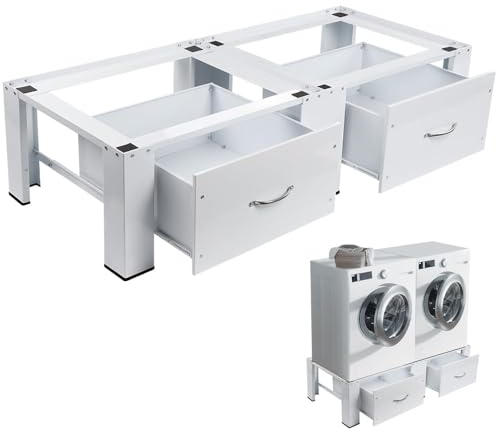 Doppel Waschmaschinen Untergestell aus Metall, Stabiler Waschmaschinen-Sockel für Waschmaschine Trockner, inkl. 2X Schublade, max. 300KG, 126x54cm, 2-Fach, Unterschrank Podest Erhöhung Unterbau