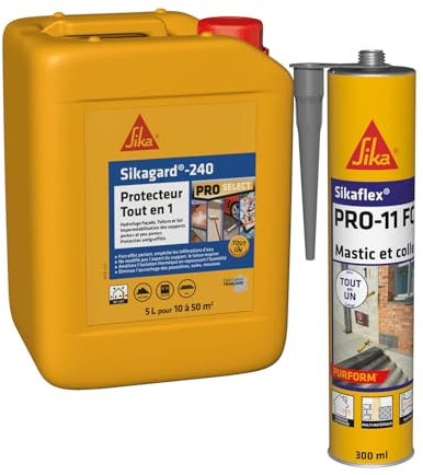 Sika Sikagard 240 Protecteur Tout en 1, Protection hydrofuge façade, mur, toiture et sol, 5L & lex PRO 11 FC Purform Gris béton, Mastic polyuréthane PU tout en 1, mastic multi-matériaux