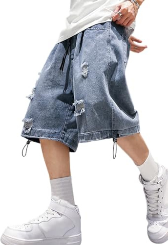 shownicer Jeans Pantaloni Corti Uomo Blu Denim Shorts Bermuda Estivi Baggy retrò Pantaloncini Hip Hop Skateboard Pantaloni con Tasche A Bleu L