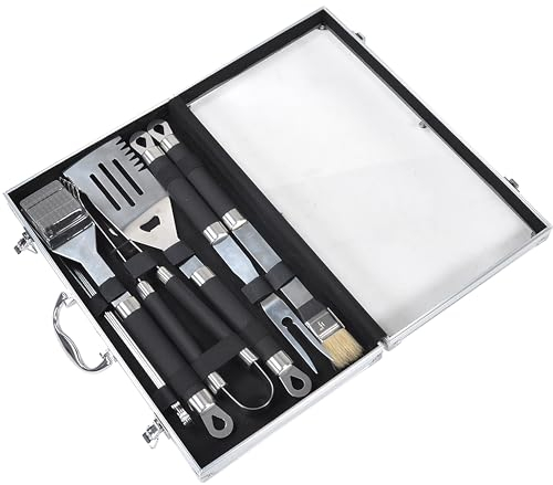 SOUK ONE Set di posate per barbecue in acciaio inox, 11 pezzi, valigetta per barbecue, portaposate, accessori per uomini, regalo per grigliare e cucinare con spazzola per barbecue, forchetta per