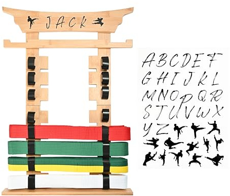 humberboat Wand-Karate-Gürtelständer mit Medaillenaufhänger und Aufklebern, Kampfsport-Gürtel-Display-Halter, 8 Gürtel, Taekwondo-Gürtel-Display zum Aufhängen für Kinder und Erwachsene, Braun