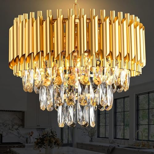 MSSIAN Gold Modern Crystal Chandeliers 3-Tier K9 Round Crystal Light Fixture Small Gold Chandeliers Ceiling Light Fixture for Dining Room Living Room Bedroom Entryway E14*5Light