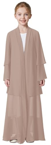 FYMNSI Muslim Dress for Girls, Open Front Abaya Eid Dresses for Girls, Islamic Kids Prayer Outfits Chiffon Maxi Long Dress One-Piece Kaftan Ramadan Robe with Hijab Middle East Dubai Eid Nude 11-12Y