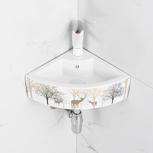 Lavabo In Ceramica Ad Angolo Bianco Triangolare,Lavabo Bagno Angolare Sospeso In Ceramica,Lavandino Piccolo,Lavello Bagno,Lavandino Piccolo,Sanitari Bagno,Lavandino Del Bagno(Gold,12.6in/32cm)