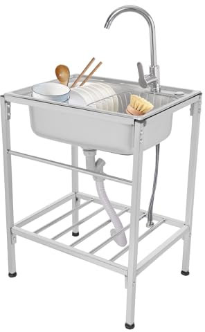 Edelstahl Werkbank Spülbecken, TkkMivcOC Freistehende Einzelbecken-Spüle mit Warm Kalt Wasserhahn & Korb, Mobile Spüle Edelstahl Küchenspüle, Multifunktions Waschtisch für Küchen Waschküchen