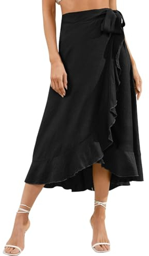 AGYMNX Jupe portefeuille pour femme - Taille haute - Jupe midi irrégulière - Ourlet à volants - Mini jupe plissée avec cordon de serrage - Été - Élégante et polyvalente - Basique, Noir , M-L