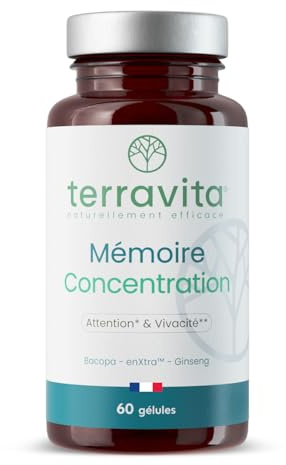Mémoire Concentration | Ginseng Rouge de Corée + Bacopa + Actif Breveté EnXtra | 5 Heures de Vivacité et de Clarté Intellectuelle | Nootropique sans Caféine | 60 Gélules | Made in France | Terravita