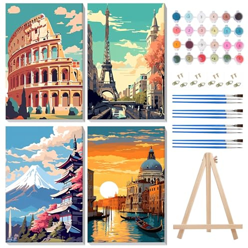 MISCER 4 Pack Paisaje Pintar con Numeros con Marco, Pintura Pintar por Numeros Adultos Niños,Pintura DIY en Acrílico u Óleo, Adecuada para Decoración del Hogar 20X30cm
