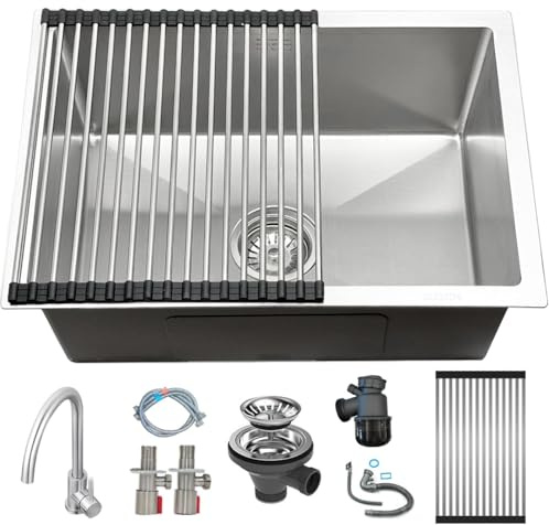 KOOGIMDDR Fregadero de cocina con grifo de 55 x 40 cm, 1 lavabo empotrable desde arriba, incluye dispensador de jabón y sifón, con escurridor, moderno fregadero de acero inoxidable
