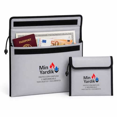 MinYardik® Bolsas Ignífugas para Proteger Documentos y Dinero – Set de 2 (28x38 cm + 17,5x23 cm) – Resistentes al Fuego y al Agua – Protección Segura (Pasaportes, Contratos, Efectivo y Dispositivos)