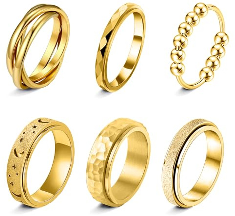 LOFITOR Anti-ångest-ringar, 6 stycken spinner-ringar, fidget-band-ringar för stress- och ångestlindring, för kvinnor och män, av rostfritt stål roller-ringset, CZ, måne och stjärna, guld-/silverfärg