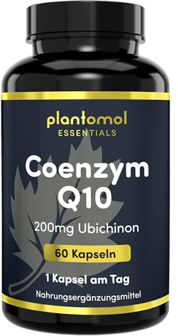 200mg Q10 Kapseln hochdosiert - Coenzym Q10 mit Papain und Spirulina optimiert - 2 Monatsvorrat an CoQ10 Ubichinon 200mg - plantomol® Essentials