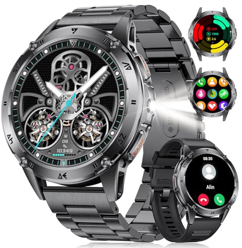 CHOOSETIME Montre Connectée Homme, Appels Bluetooth, 1,43 AMOLED Écran, Lampe Torche, 110+ Modes Sportifs, Montre de Fitness/Fréquence Cardiaque/Sommeil, IP68, Compatible Android et iOS, Noire