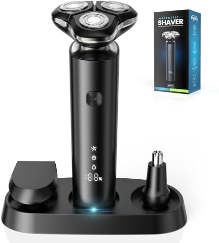 iWarmbase Electric Razor for Men, Mens Shaver with Magnetic Shaver Head, Nose Hair & Sideburn Trimmer, IPX7 Waterproof Wet & Dry Shaver, LED Display, USB-C Rechargeable with Charging and Storage Base