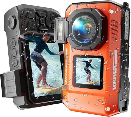 MaxMango D50 33FT Cámara Acuática, 8K 70MP Cámara Impermeable con Doble Pantalla, Batería 2500mAh, Cámara Digital de Fotos para Snorkeling Natación Surf, Tarjeta 16GB, Naranja