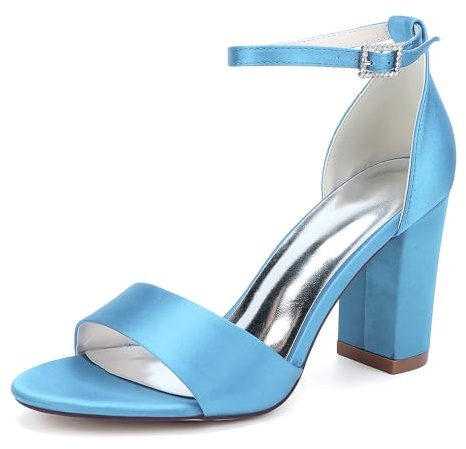 HFWXYSA Sandales Femme Mariage Talon Bloc Chaussures Bride Soirée Escarpins Satin Confortable Chaussures Cérémonie Élégantes,Sky Blue,36 EU