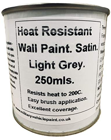 1 x 250ml Satin Light Grey Heat Resistant Wall Paint. Wood Burner Stove Alcove. Brick, concrete, plaster, cement board, rendering, metal, timber etc.