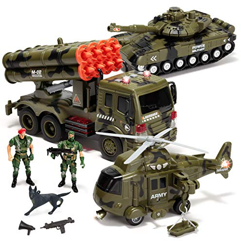 JOYIN 3 in 1 Véhicule Militaire Jouet avec sirène à Friction et Figurines, Comprenant Un Camion, Un hélicoptère et Un Char Militaires, véhicules Militaires avec sirène Lumineuse et sonore