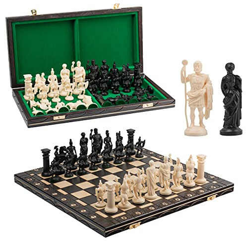 Master of Chess Tablero Ajedrez Madera “Black & White Edition” 42 cm - Hecho a Mano y Grande Portatil Juego de Ajedrez para Niños y Adultos - Figuras con Forma de Vikingo