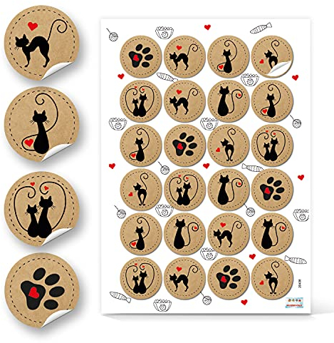 Logbuch-Verlag 24 runde Katzen Aufkleber natur schwarz rot - Tieraufkleber Katzensticker für Kinder rund 4 cm