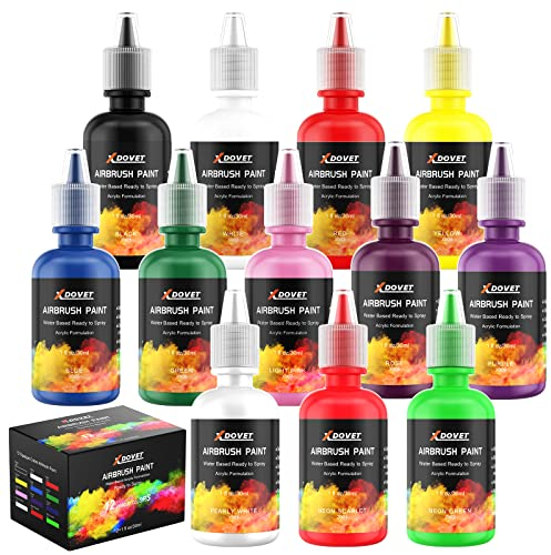 XDOVET Modellbau Farben Airbrush Set 12 Farben / 30ml, Airbrush Lack enthalten Metallic- und Neonfarben, wasserdichte und schnell trocknend Modelle für Künstler, Studenten und Anfänger
