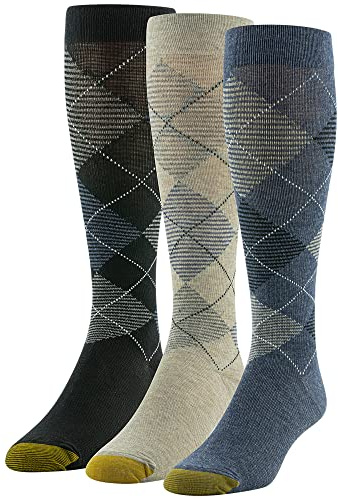 GOLDTOE Men's Mild Compression Over The Calf Socks, Multipairs, Denim/Khaki Heather/Black Navy (3-Pairs), Large