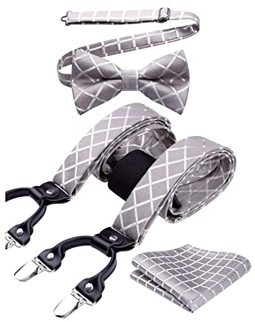HISDERN Hosenträger Herren Champagner Fliege und Hosenträger Set Herren Kariert Klassische Hochzeit Einstellbar Y Form mit 6 Extra Stark Clips Braces