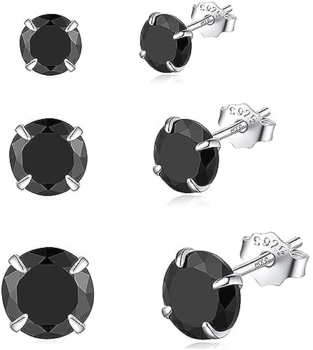 Hmzidz 3 Paires Boucles D'oreilles Clou Argent 925 Homme Petits Clous D'oreilles Femme Fantaisie Noir Puces D'oreilles et Oxyde de Zirconium Piercing Hypoallergénique Diamant Boucles D'oreilles