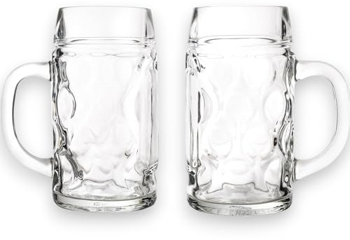 2x Boccali da birra in Vetro 1 litro, modello Bayer con tacchetta, bicchieri base grossa 20,3 x 10 cm,resistente al lavaggio in lavastoviglie, perfetto per la gastronomia, Stile Bavarese Oktoberfest