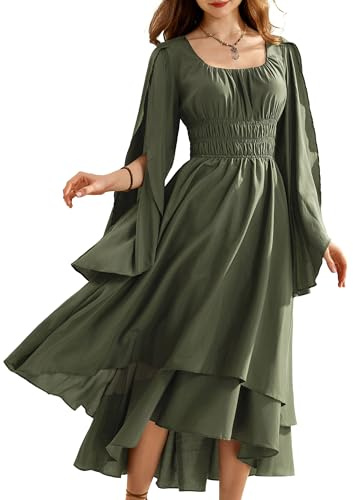 SCARLET DARKNESS Robe Corset Renaissance Femme Robe Médiévale Ourlet Haut Bas Évasée, vert olive, XXL