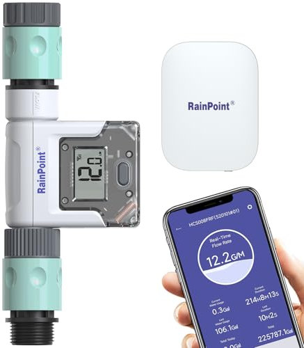 RAINPOINT Smart Garden Hose Water Flow Meter with Real-Time Tracking & Usage Alert - Digital Flow Sensor, Smart Water Meter for Garden Hose with 2.4 Ghz Only WiFi Gateway Hub