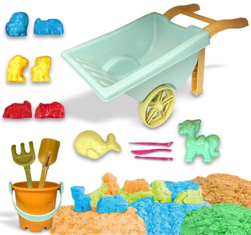 Xwin Sportseries Kids Beach Magic Motion Sand Toy Set With Wheelbarrow, Moulds Tools, Carry Case & Animal Molds for Indoor Outdoor Summer Fun for Kids Age 3+ Above