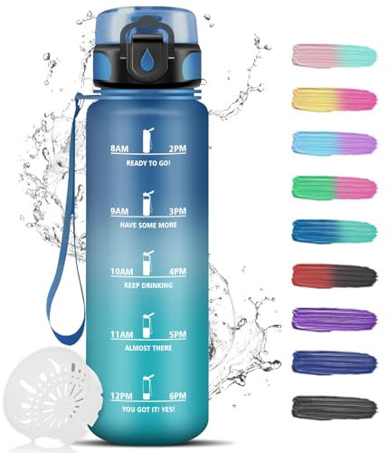 Borraccia 1 Litro, Borraccia Palestra, a Prova di Perdite, Borraccia Motivazionale con Orari per Bere, Borraccia Sportiva, Bottiglie Graduata per Fitness, Ciclismo, Adulto, Yoga, Ufficio, Scuola