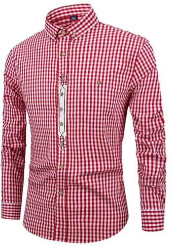 Celvibe Chemise traditionnelle pour homme Oktoberfest - Chemise traditionnelle à carreaux rouge et bleu - Chemise de loisirs - Parfait pour la fête de la bière, rouge, L