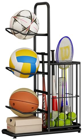 Rwigeboo Basketställ 3-nivåer kolstål basketstativ med sidokorg avtagbar krok justerbar fotdyna bollförvaring för fotboll baseball tennisracket och mer