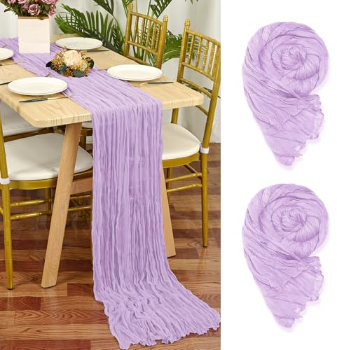 Set med 2 st lila ostduk bordslöpare, 55 x 300 cm rustik gasväv, lila bröllopsbordsdekoration bordsduk för fest nuptial dusch bordsdekorationer