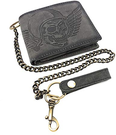 Jockey Club echt Leder Biker Geldbörse quer Hunterleder Portemonnaie Totenkopf Schädel Wing of Hell mit 50cm Kette & RFID Schutz