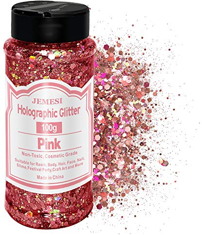 JEMESI 100g Brillo Corporal, Purpurinas Polvo, Chunky Glitter Flakes Paillette Brillante Decoración para Cara Maquillaje Pelo Arte Corporal Uñas y Mejilla - Rosa