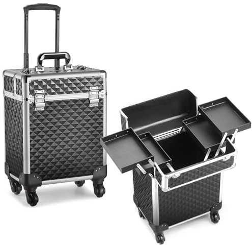 Mecucasi Rolling Makeup Train Case Large Cosmetic Trolley Organized Aluminum Barber Case for Hairstylist Makeup Nail Tech Salon with Keys Swivel Wheels Traveling Cart Trunk - Black