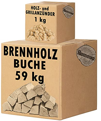Set Anzündwolle und Brennholz Kaminholz Holz 59 kg Buche 1 kg Anzündwolle Ofen Kamin Kaminofen Feuerschale Grill Feuerholz Outdoor Feuer Wachs Flameup