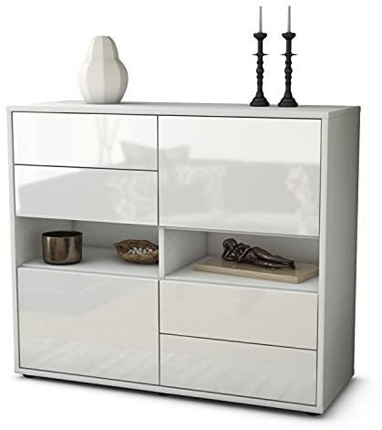 Stil.Zeit Kommode Sideboard, Alexej, Korpus Weiss matt, Front Hochglanz Design Weiß, (92x79x35cm), Push to Open Technik & Leichtlaufschienen