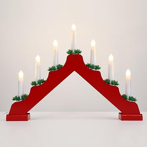 Lewondr Christmas Swedish Candelabra, 7 Flameless Taper Candles, Red | Electric Candles USB Powered Wooden Candle Bridge Light with Pine Needles, Decorative Xmas Candle Lights for Windows Wedding