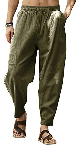 Gafeng Mens Linen Harem Pants Casual Loose Fit Beach Drawstring Elastic Waist Yoga Trousers with Pockets Army Green