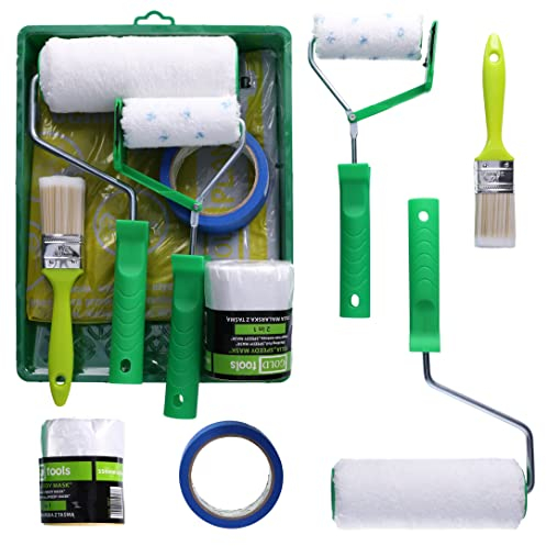 ToolSpace Set de Pintor 9 Piezas Rodillo de Pintura para Pintar techos Paredes - Rodillo y Mango Rodillo de Recorte brocha Bandeja de Pintura