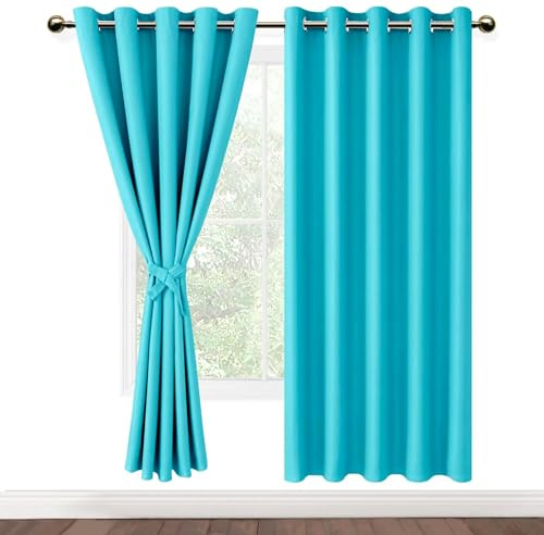 DWCN Gardin ogenomskinliga mörkläggningsgardiner med öljetter 2 stycken thermogardin för vardagsrum, sovrum, turkos, 183 x 167 cm (H x B):