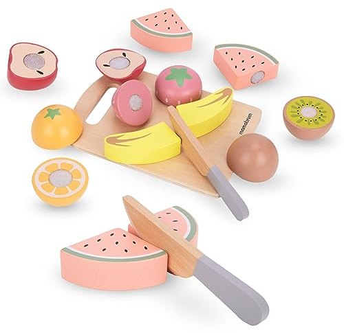 Mamabrum Fruits en Bois à Découper – Dînette Montessori pour Enfants 2+ avec Couteau et Planche en Bois – Fruits et Légumes Jouets avec Scratch – Jeu Éducatif pour la Motricité Fine